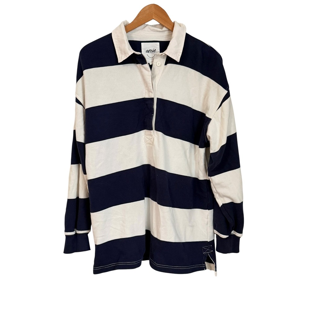 Aerie Striped Rugby Sweatshirt Womens S Navy Nautical  Oversized Prep Rally - Picture 4 of 16